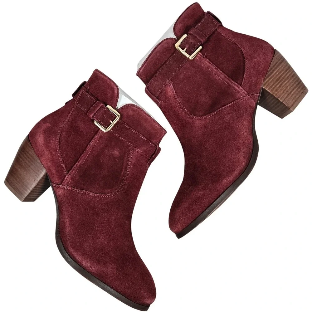 Diba Sleek Bootie Burgundy Suede Leather Ankle Boots Block Heel Size 10